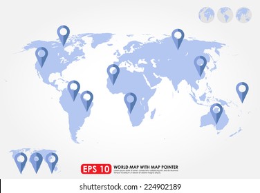 World maps with map pointer icons including 3 different styles of map pointers & globe icons