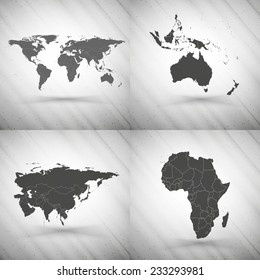 World maps set on gray background, grunge texture vector illustration.