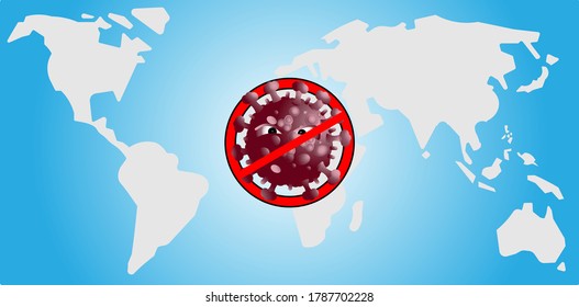 A world map,with a floating virus and a stop sign,pandemic concept poster