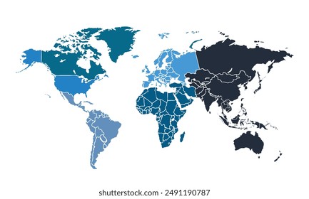 World mapwith individual colors,isolated on white background for website layouts,background,education, precise,customizable,Travel worldwide,map silhouette backdrop,earth geography, political,reports.