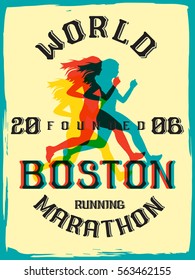 World marathon series retro poster. Boston marathon running. Vintage custom typeface.