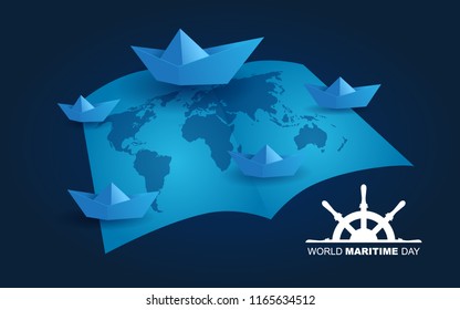 world maritime day background with paper boat and blue color