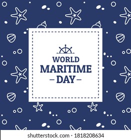 World Maritime Day card or banner design template with ship rudder symbol and text. Blue background with seashells and starfish pattern. - Vector illustration