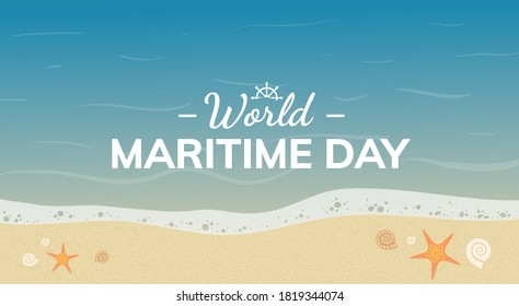 World Maritime Day celebration banner design. Starfish on the beach with seashells. Seaside scene with mollusk on sand and ocean waves - Vector illustration