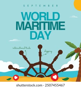 world maritime day. Maritime day celebration banner, background, post with sea cost, sea wheel. The theme for 2024 is Navigating the future: safety first, to enhance safety in maritime operations.