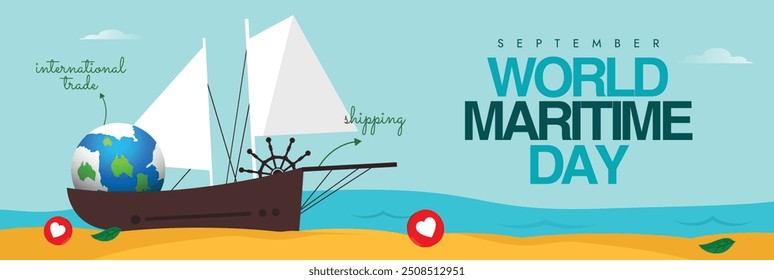 World maritime day. Maritime day celebration banner, background, post with sea cost, sea boat, earth. The theme for 2024 is Navigating the future safety first, to enhance safety in maritime operations