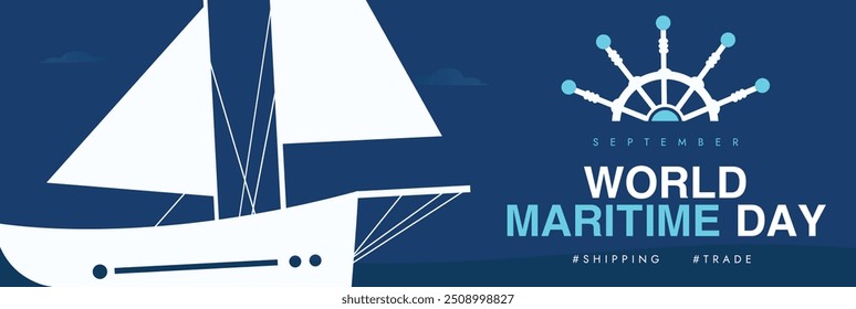 Dia Mundial do Mar. Banner da cobertura da celebração do dia marítimo, poste com roda de mar de silhueta, barco. O tema para 2024 é Navegar primeiro pela segurança futura, para reforçar a segurança nas operações marítimas