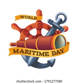 World Maritime Day design concept with steering wheel or rudder, spyglass and anchor. Vintage vector illustration isolated on a white background