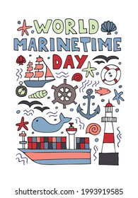 World maritime day, doodles. Hand drawn maritime set. Card, banner, poster, backgrounds.
