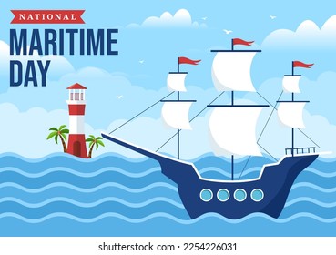 World Maritime Day Illustration with Sea and Ship for Web Banner or Landing Page in Flat Blue Nautical Celebration Cartoon Hand Drawn Templates