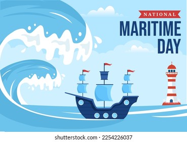 World Maritime Day Illustration with Sea and Ship for Web Banner or Landing Page in Flat Blue Nautical Celebration Cartoon Hand Drawn Templates