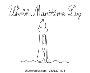 Día Marítimo Mundial. Faro, boceto de dibujo a mano de arte de una sola línea continua