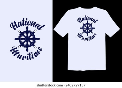 World Maritime Day with World map and Ship Wheel or Steering Symbol in sea line, Ocean Day t shirt design