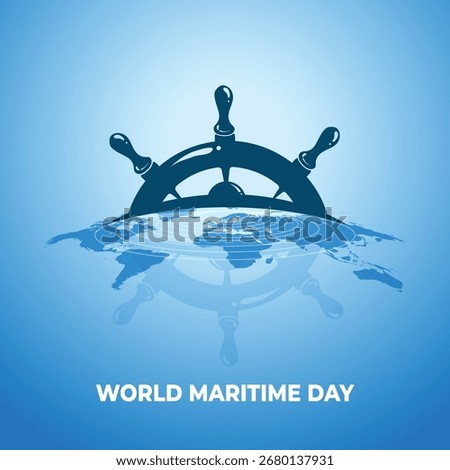 World Maritime Day with World map and Ship Wheel or Steering Symbol  in sea line, Ocean Day, Vector illustration isolated international maritime day icon. 