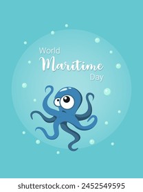 World Maritime Day poster with octopus and air bubbles, funny humorous card, blue background. Vector illustration