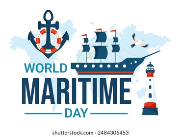 World Maritime Day Vector Illustration with Sea and Ship for Shipping Safety, Security, and the Marine Environment in a Nautical Flat Background