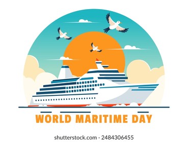 World Maritime Day Vector Illustration with Sea and Ship for Shipping Safety, Security, and the Marine Environment in a Nautical Flat Background