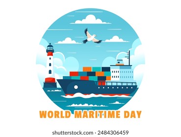 World Maritime Day Vector Illustration with Sea and Ship for Shipping Safety, Security, and the Marine Environment in a Nautical Flat Background
