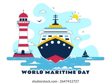 World Maritime Day Vector Illustration with Sea and Ship for Shipping Safety, Security, and Marine Environment in a Nautical Flat Background