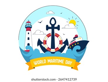 World Maritime Day Vector Illustration with Sea and Ship for Shipping Safety, Security, and Marine Environment in a Nautical Flat Background