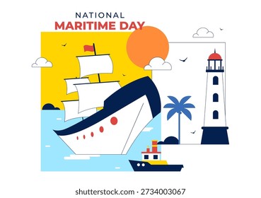 Ilustração do vetor do Dia Marítimo Mundial que caracteriza o mar e o navio para a segurança de transporte, a segurança, e o ambiente marinho com fundo plano náutico