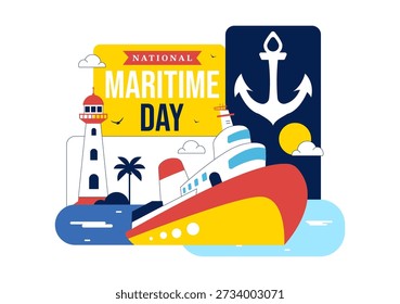 Ilustração do vetor do Dia Marítimo Mundial que caracteriza o mar e o navio para a segurança de transporte, a segurança, e o ambiente marinho com fundo plano náutico