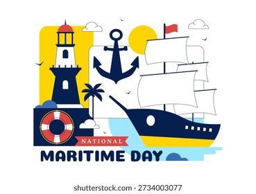 Ilustração do vetor do Dia Marítimo Mundial que caracteriza o mar e o navio para a segurança de transporte, a segurança, e o ambiente marinho com fundo plano náutico