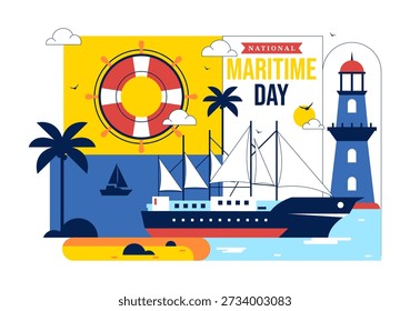 Ilustração do vetor do Dia Marítimo Mundial que caracteriza o mar e o navio para a segurança de transporte, a segurança, e o ambiente marinho com fundo plano náutico