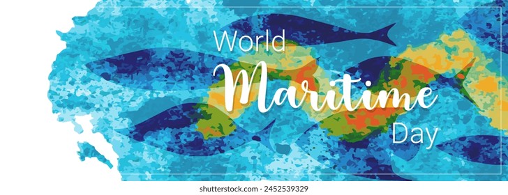 World Maritime Day with watercolor sea ocean and fishes silhouettes, Ocean Day, Fishing Day. Banner horizontal on international maritime day. Vector illustration