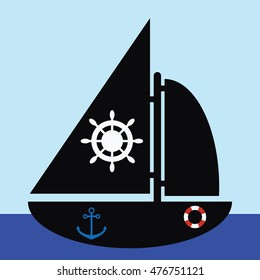 World Maritime Day.Boat with anchor,rubber life raft and rudder