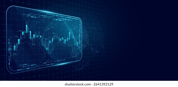 World market analysis interface with glowing candlestick chart and planet map. Global data visualization. Trading platform, investment economy analytics for FinTech background. Vector illustration. - Powered by Shutterstock - Get 15% off with code: PIKWIZARD15