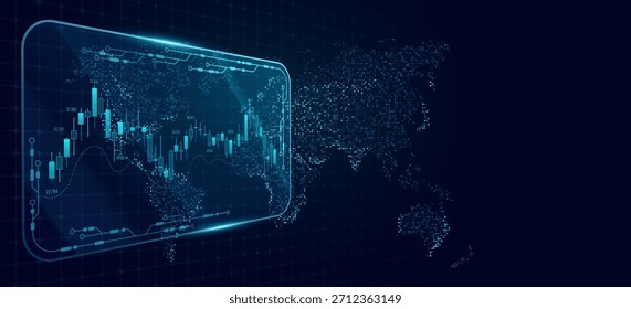 Interface de análise do mercado mundial com gráfico candlestick brilhante e mapa da Terra. Visualização de dados globais. Plataforma de negociação e análise de economia de investimento para histórico financeiro. Ilustração vetorial.