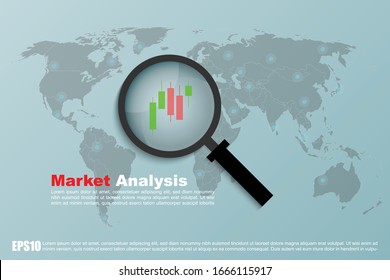 World Market Analysis with magnifying glass, world map and trading candlesticks