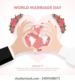 World Marriage Day background with married couple love hands and decoration