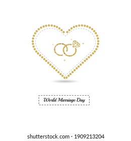 world marriage day card with gold glitter hheart frame and wedding ring