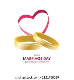 Vector del Día Mundial del Matrimonio. Anillos de bodas dorados con forma de corazón rosa vector aislado en un fondo blanco. Día importante