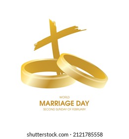 Vector del Día Mundial del Matrimonio. Anillos de boda dorados con forma de cruz cristiana vector aislado en un fondo blanco. Símbolo de matrimonio católico. Día importante