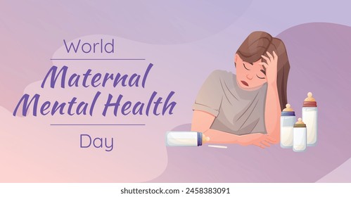 World Maternal Mental Health Day. Vector horizontal holiday banner. Cartoon illustration of tired exhausted woman with baby bottles.