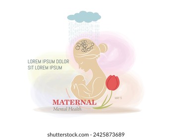 World Maternal Mental Health Day.Minimalist figure of woman with baby on light background.May 5th