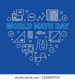 World Math Day concept vector outline heart-shaped banner - Math illustration with blue background 