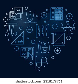 World Math Day vector thin line heart shaped blue banner - Math 8 March Holiday concept illustration with dark background