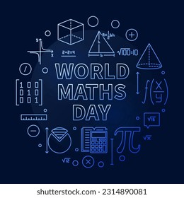 World Maths Day concept vector outline round blue banner. Math Annual Celebration illustration with dark background