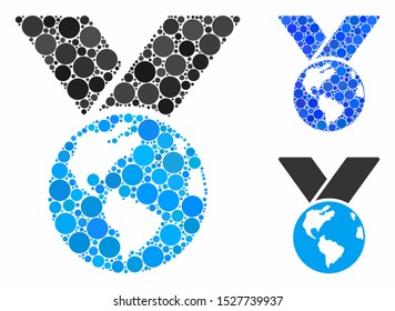World medal composition of filled circles in variable sizes and color tones, based on world medal icon. Vector random circles are grouped into blue composition.