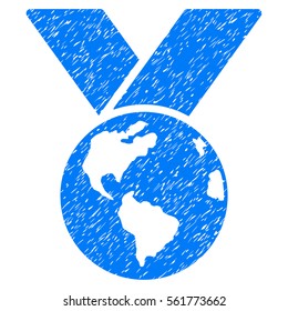 World Medal grainy textured icon for overlay watermark stamps. Flat symbol with scratched texture. Dotted vector blue ink rubber seal stamp with grunge design on a white background.