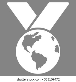 World Medal vector icon. Style is flat symbol, white color, rounded angles, gray background.