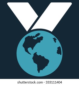 World Medal vector icon. Style is bicolor flat symbol, blue and white colors, rounded angles, dark blue background.