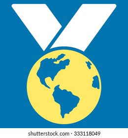 World Medal vector icon. Style is bicolor flat symbol, yellow and white colors, rounded angles, blue background.