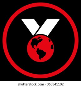World Medal vector icon. Style is bicolor flat circled symbol, red and white colors, rounded angles, black background.