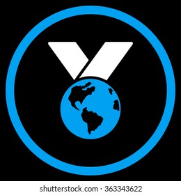 World Medal vector icon. Style is bicolor flat circled symbol, blue and white colors, rounded angles, black background.