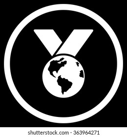 World Medal vector icon. Style is flat circled symbol, white color, rounded angles, black background.